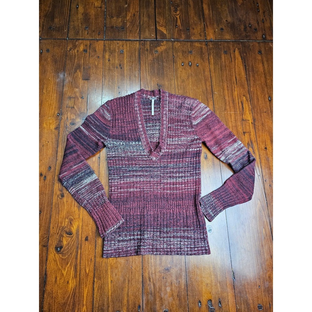 Free People Burgundy Ribbed V-Neck Pullover Sweater Knit Top XS